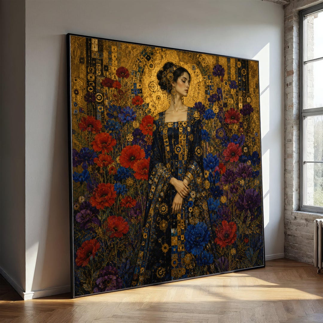 Gustav Klimt Elegant Woman Portrait Canvas, Floral Gold Art, Decorative ...