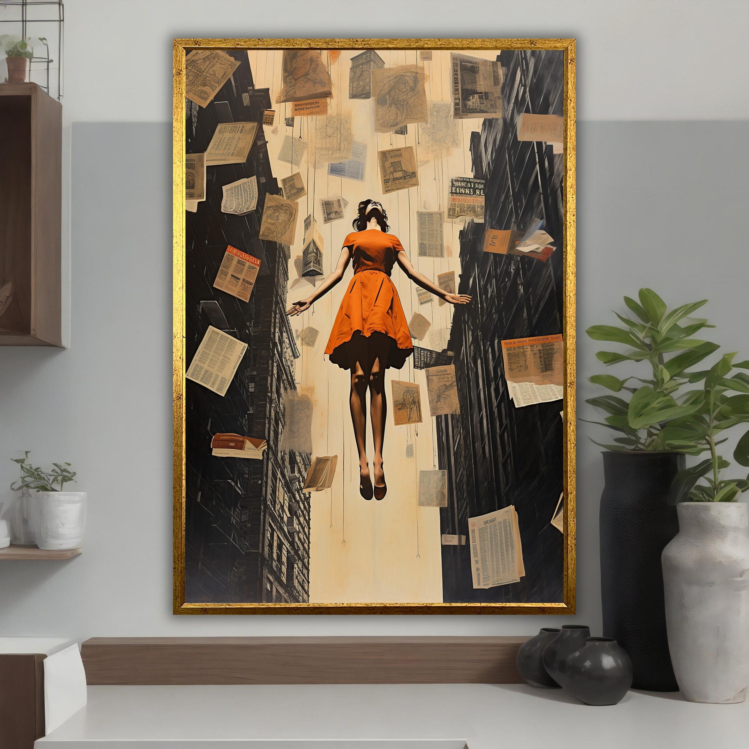 Woman Lost Among the Writings Framed Canvas Print, Surreal Painting, Surrealistic Art, Ready to Hang, Gift