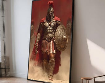 Roman Gladiator Canvas Painting – Bold Warrior Wall Art with Red Cape & Armor, Ready to Hang, Gift for Him, Ancient Battle Decor