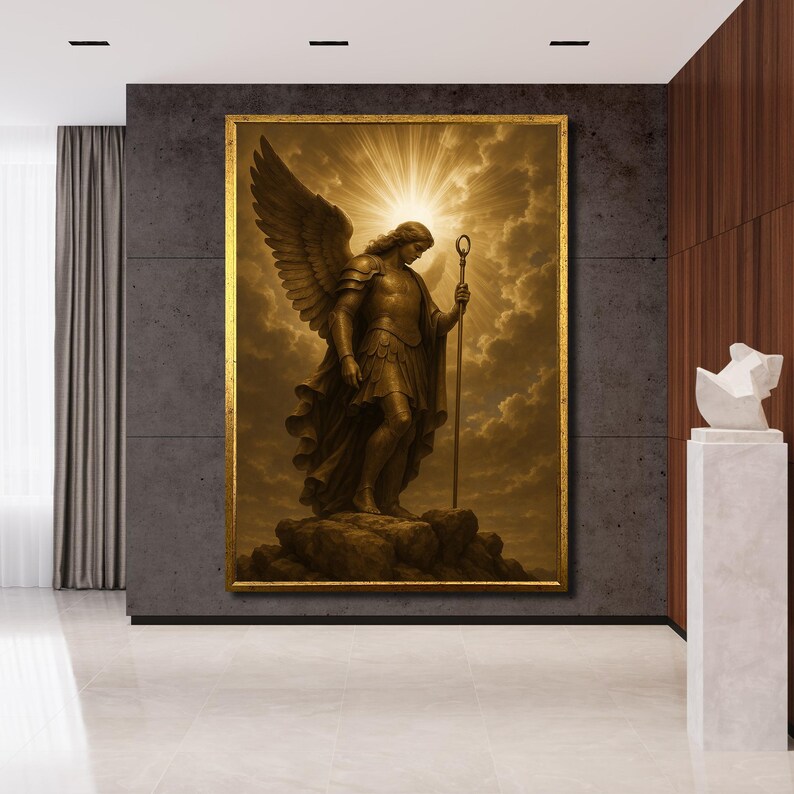 Archangel Michael Canvas Painting With Golden Light and Staff ...