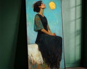 Elegant Woman in Black Dress with Bright Sun, Classic Portrait Canvas, Figurative Art Wall Decor, Moody Color Palette, Ready to Hang Canvas