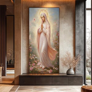 Virgin Mary Floral Canvas Painting, Holy Mother Religious Art, Catholic Wall Decor, Christian Home Gift, Spiritual Faith-Based Artwork