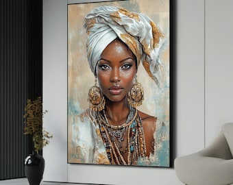 May include: A painting of a woman with dark skin wearing a white head wrap with gold accents. She is wearing large gold earrings and multiple necklaces. The background is a light brown and blue.