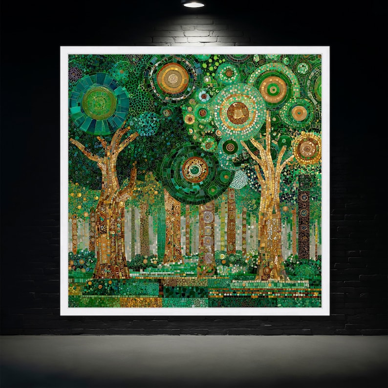 Gustav Klimt Forest Mosaic Canvas, Green and Gold Abstract Tree Art ...