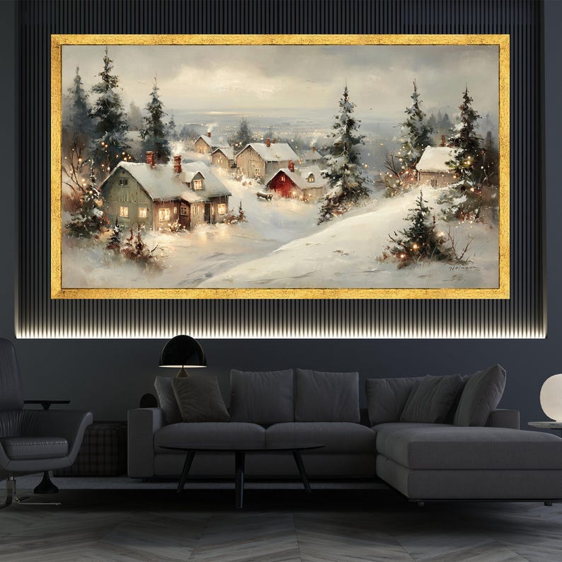 Cozy Winter Village Scene Canvas, Snowy Cabin Landscape, Christmas ...
