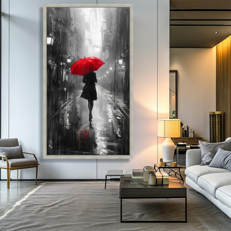 Red Umbrella Woman Walking in Rain, Black and White City Street Canvas ...