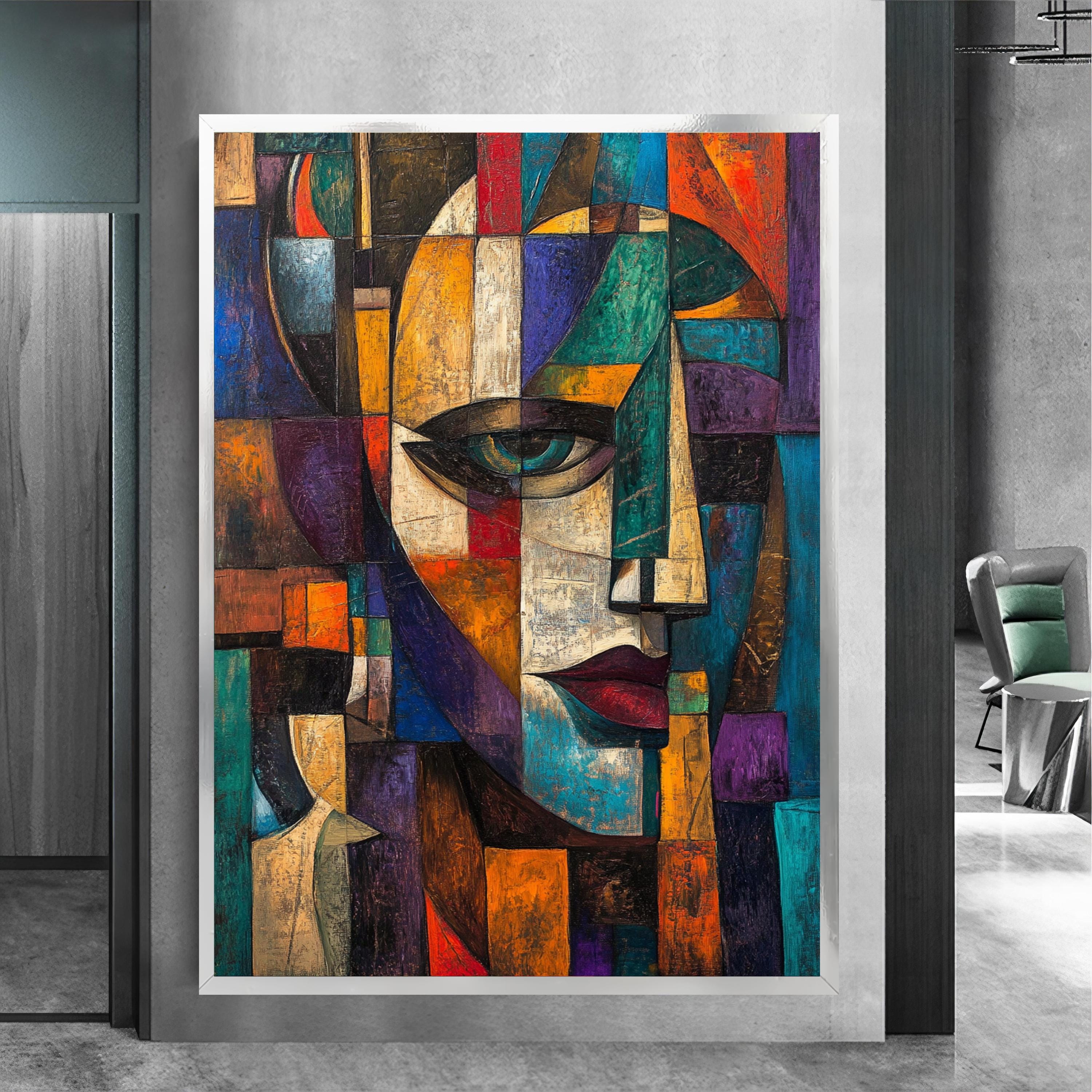 Abstract Cubist Face Canvas Painting – Bold Fragmented Portrait Art ...