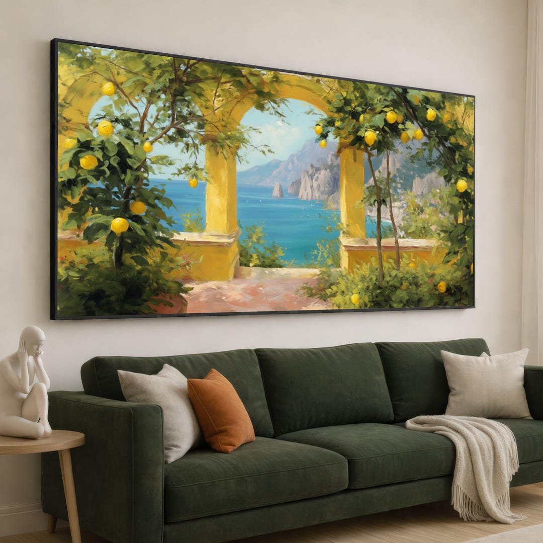 Mediterranean Coastal View Canvas, Lemon Tree Garden Wall Art, Sunny ...