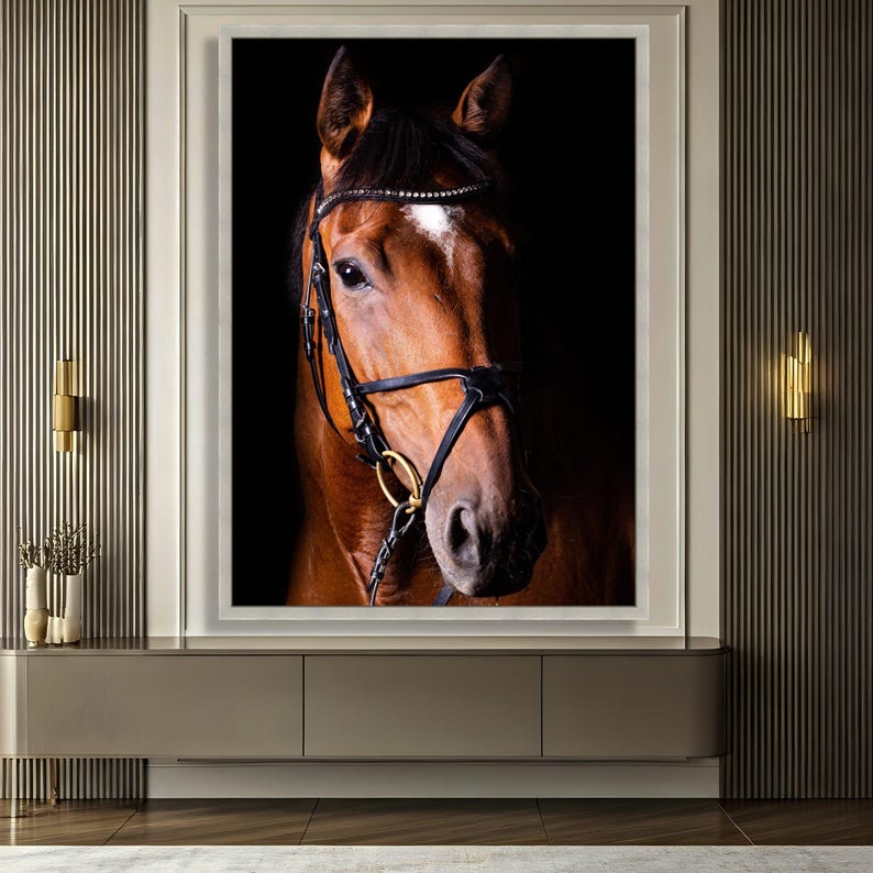Majestic Horse Portrait Canvas, Equestrian Wall Art, Brown Horse Face Canvas, Extra Large Animal Canvas, Dramatic Black Background image 5
