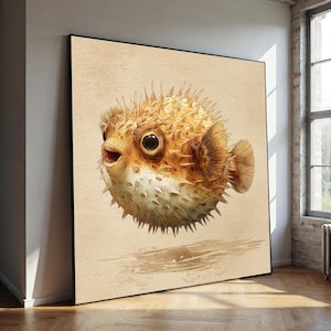Cute Pufferfish Canvas Painting for Coastal Nursery Decor – Ready to Hang Ocean Animal Art, Unique Sea Life Gift Idea