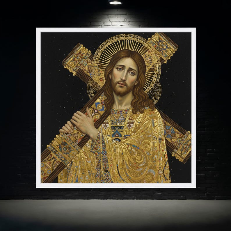Gustav Klimt Jesus Carrying Cross Canvas, Spiritual Sacred Art Print, Religious Home Decor, Gold Pattern Wall Art, Christian Canvas image 4