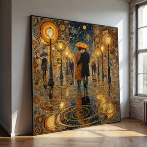 May include: Large framed artwork depicting a couple walking under an umbrella in a rainy street scene. The artwork features a mosaic style with warm gold and brown tones, street lamps, and reflections in the water.