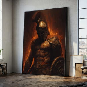 Spartan Warrior Canvas Painting – Fierce Greek Soldier Wall Art with Fire Background, Ready to Hang, Gift for Him, Bold Battle Decor