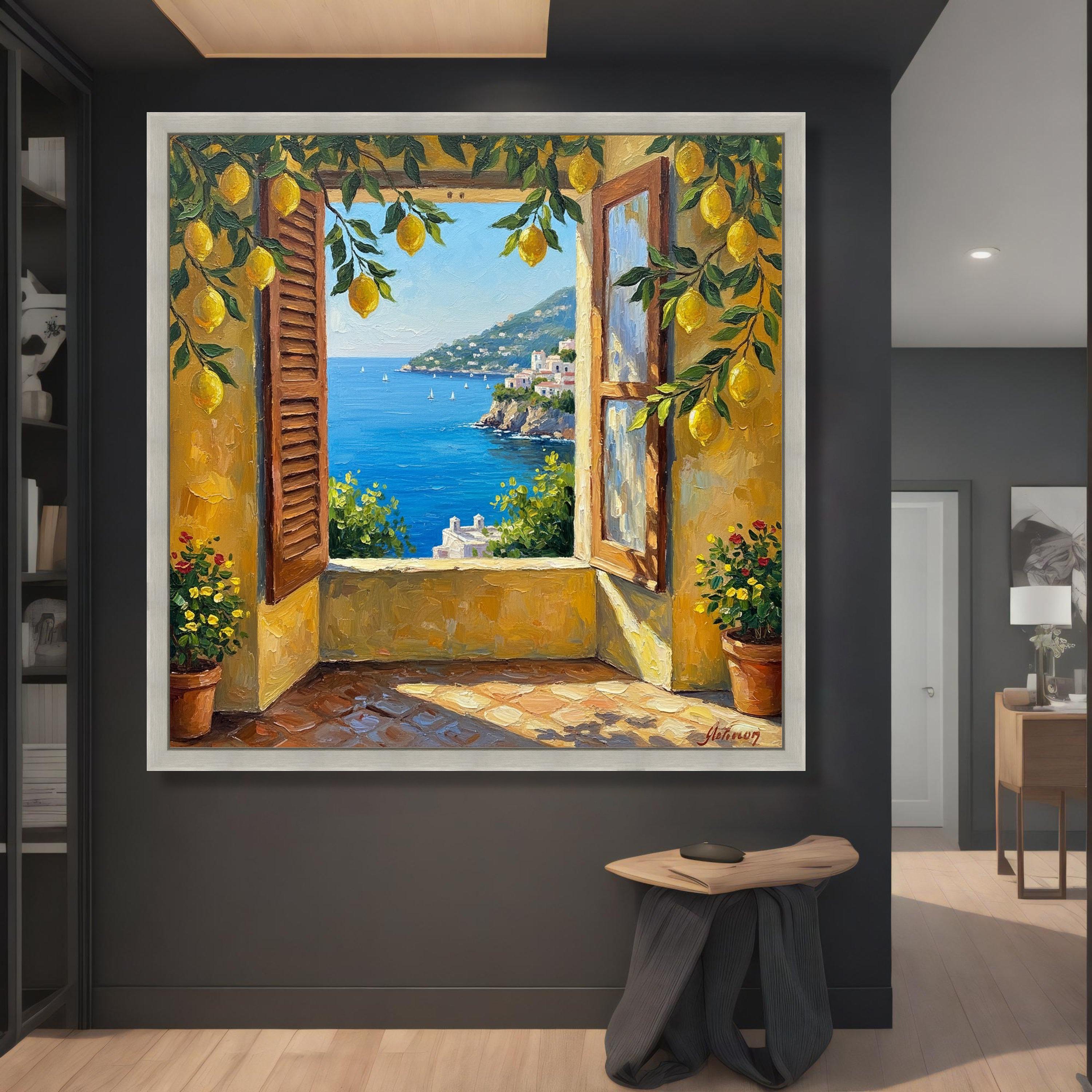 Mediterranean Seaside View, Lemon Tree Canvas, Open Window Wall
