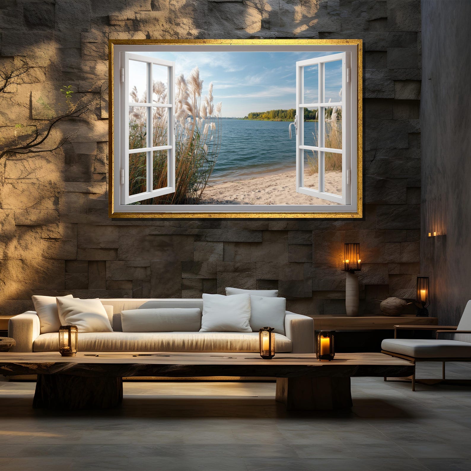 Open Window Beach View Canvas Painting – Serene Coastal Landscape Wall ...