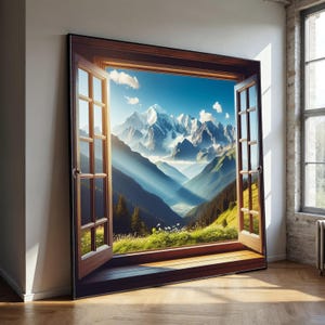 Op de afbeelding: Een groot, ingelijst kunstwerk dat een berglandschap weergeeft, gezien door een open raam. De raamkozijn is donkerbruin en de scène toont besneeuwde bergen, een vallei en een helderblauwe lucht met wolken. Het kunstwerk leunt tegen een witte muur.