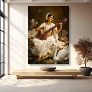 Elegant Indian Woman Playing Veena Canvas, Traditional Music Art, Cultural Wall Decor, Vintage Ethnic Home Decoration, Artistic Portrait image 7
