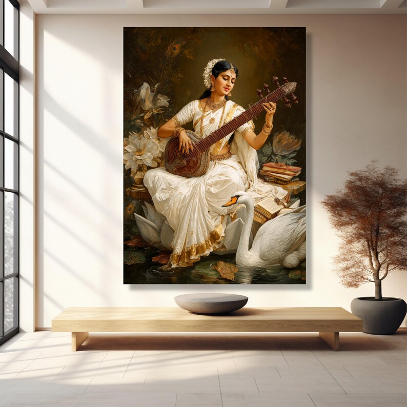 Elegant Indian Woman Playing Veena Canvas, Traditional Music Art, Cultural Wall Decor, Vintage Ethnic Home Decoration, Artistic Portrait image 7