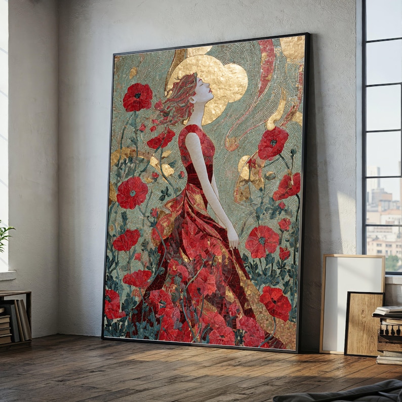 Gustav Klimt Red Dress Woman Canvas, Floral Mosaic Wall Art, Gold Leaf ...