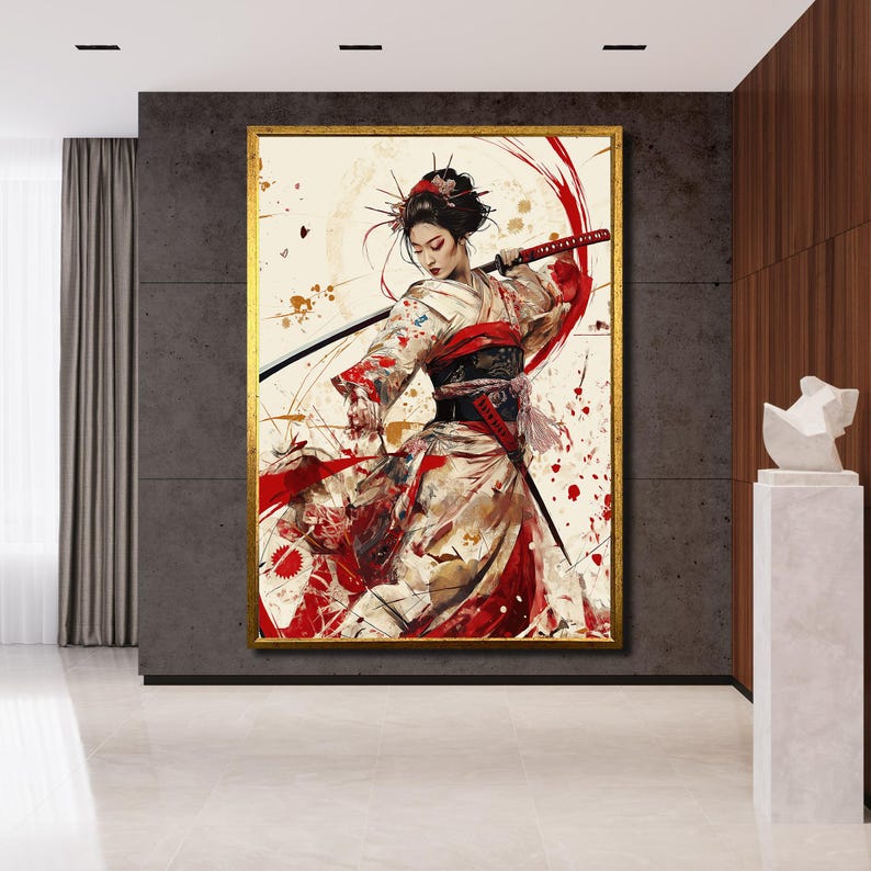 Japanese Samurai Woman Canvas Painting | Geisha Warrior in Kimono Wall ...