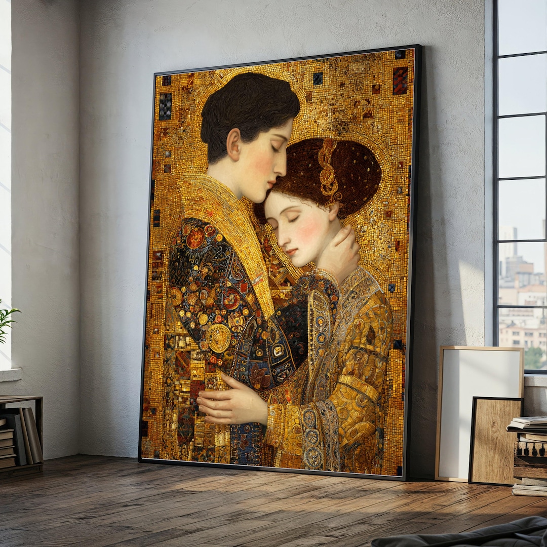 Gustav Klimt Embrace Canvas Wall Art, Romantic Couple Portrait, Gold ...