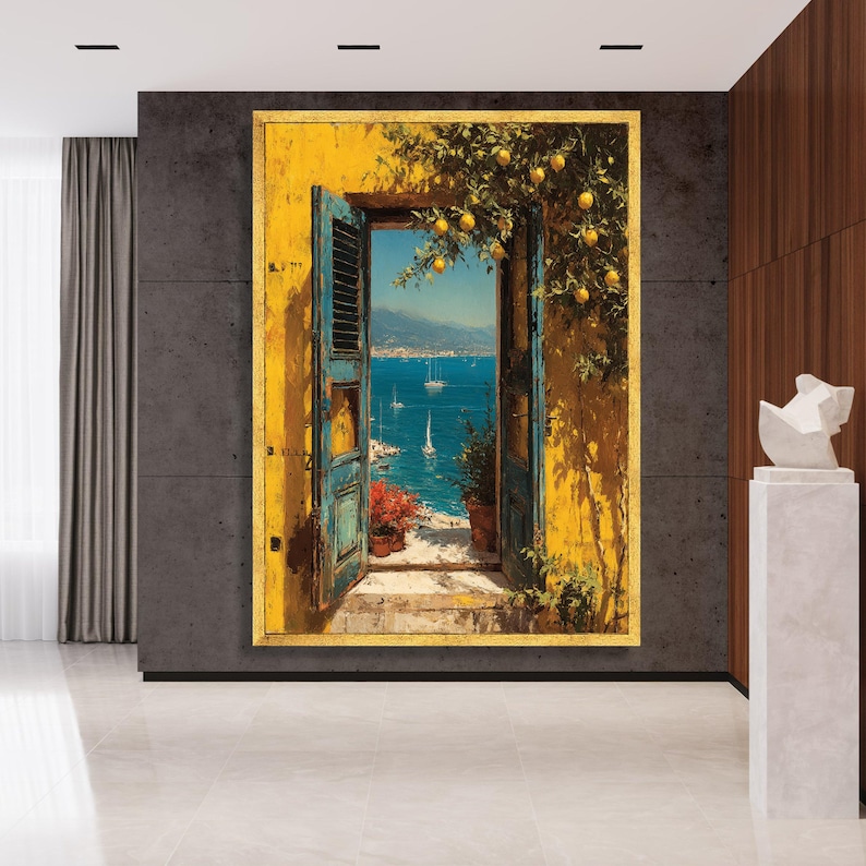 Mediterranean Seaside View Canvas, Open Blue Door Wall Art, Coastal ...