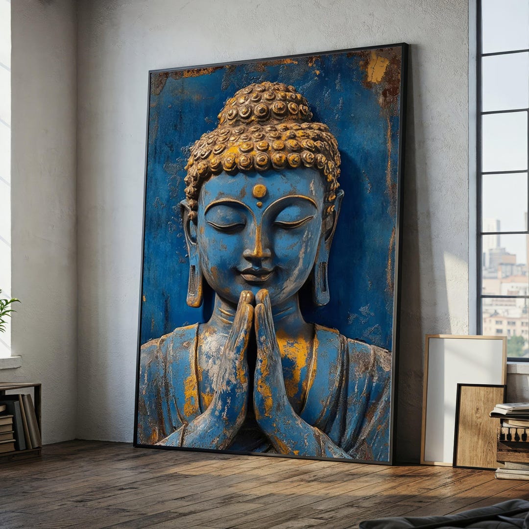 Serene Blue Buddha Canvas Wall Art, Meditative Statue Decor, Spiritual ...