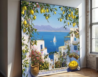 Toile balcon citron méditerranéen - oeuvre d'art murale prête à accrocher pour cuisine, scène de fenêtre côtière, cadeau d'été frais pour la maison