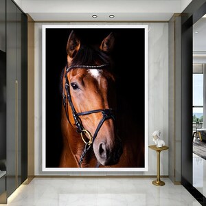 Majestic Horse Portrait Canvas, Equestrian Wall Art, Brown Horse Face Canvas, Extra Large Animal Canvas, Dramatic Black Background image 3