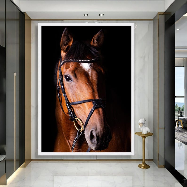 Majestic Horse Portrait Canvas, Equestrian Wall Art, Brown Horse Face Canvas, Extra Large Animal Canvas, Dramatic Black Background image 3
