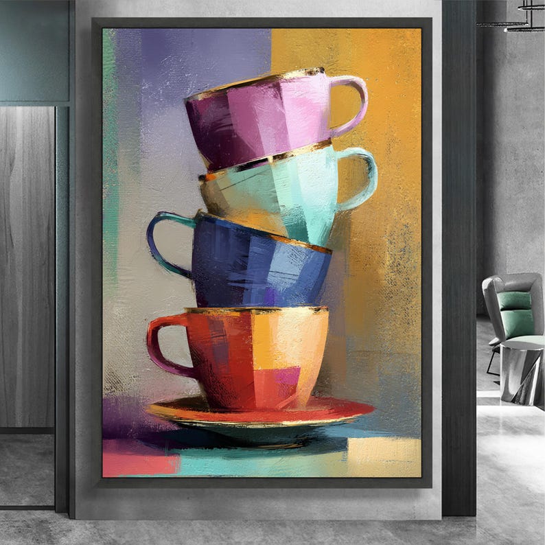 Colorful Stacked Teacups Canvas, Modern Kitchen Wall Art, Abstract ...