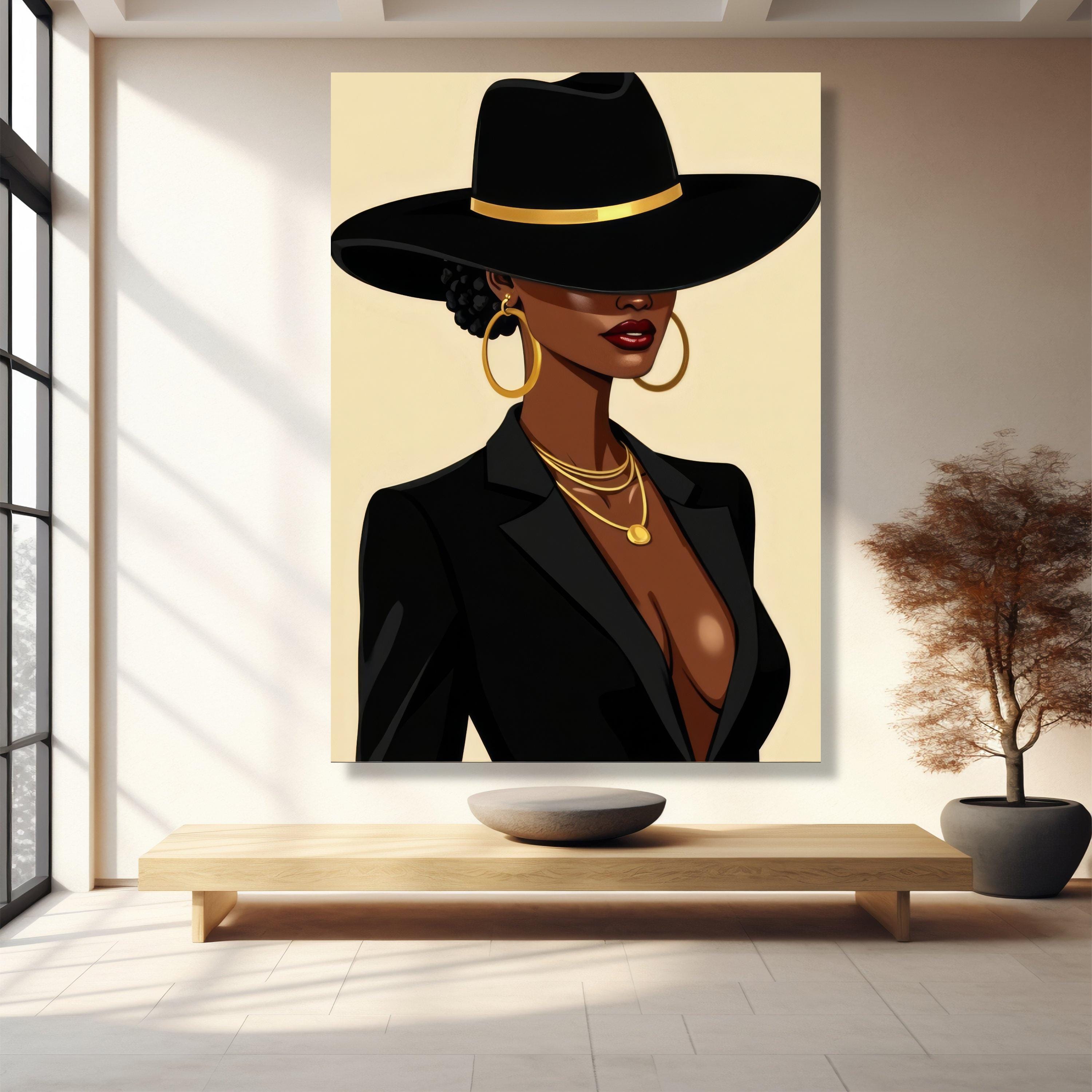 Elegant Black Fedora Hat Woman Portrait Canvas, Fashion Wall Art, Gold ...