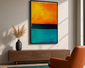 May include: A rectangular wall art piece in a black frame featuring a horizontal abstract composition. The top section is a vibrant yellow and orange gradient, separated by a thin black line from a solid teal blue lower section.