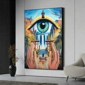 Surreal Eye Waterfall Canvas Painting - Unique Wall Art, Nature-Inspired Dreamlike Decor, Artistic Gift for Valentine&#39;s Day