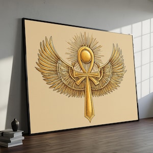 Egyptian Ankh Canvas Painting – Gold Winged Sun Wall Art Symbol of Life and Power, Ready to Hang, Spiritual Gift for History Lovers
