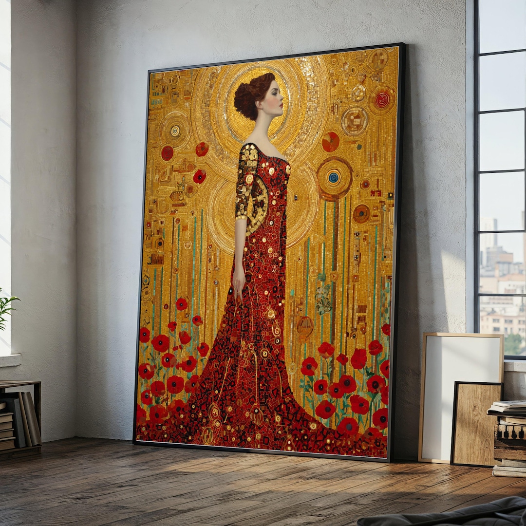 Gustav Klimt Woman in Red Dress Canvas Wall Art, Golden Mosaic Floral ...