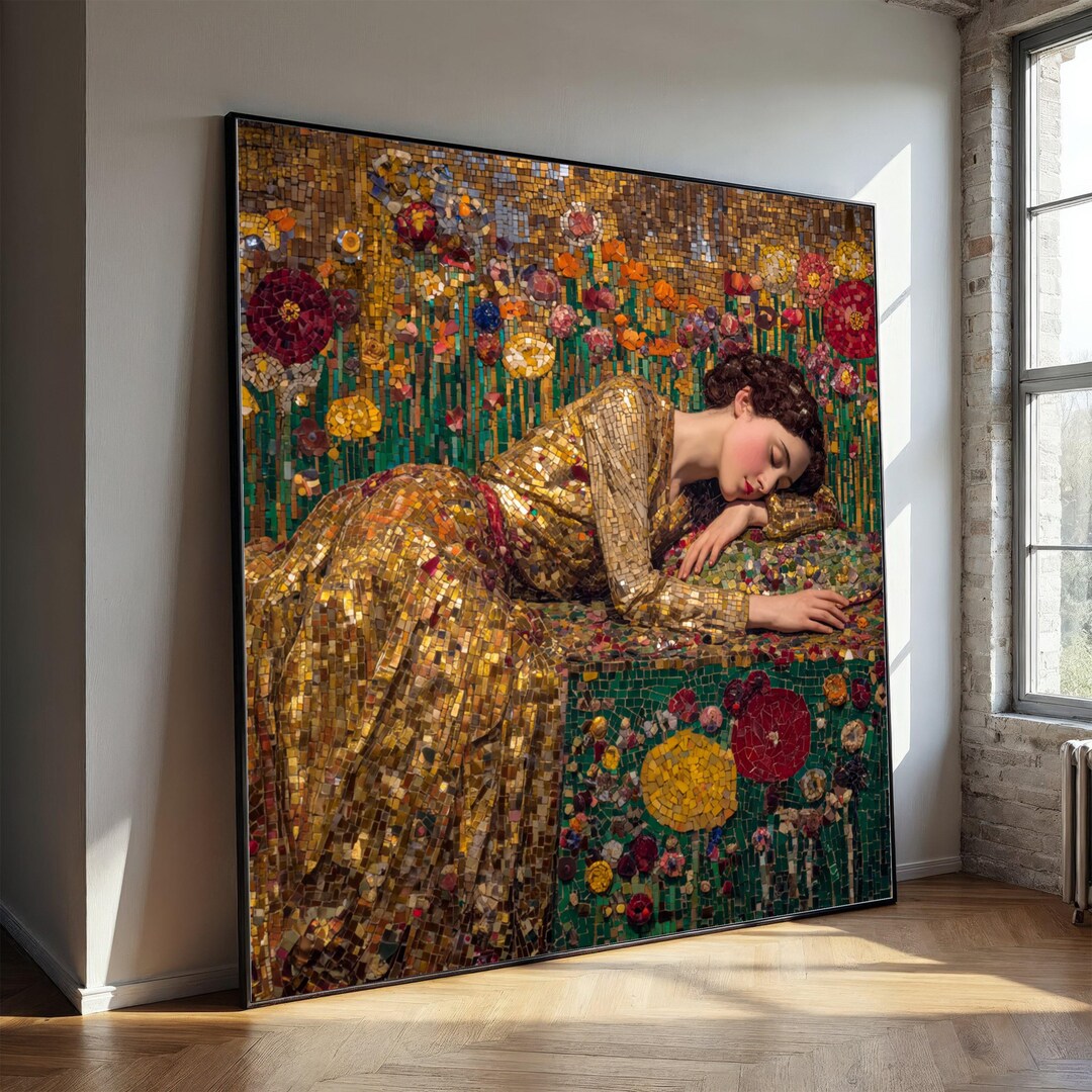 Gustav Klimt Sleeping Woman Canvas, Mosaic Style Wall Art, Floral ...