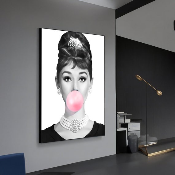 Audrey Hepburn Bubble Gum Canvas Art, Iconic Pop Art Wall Decor, Chic Living Room Statement Piece, Classic Movie Star Gift