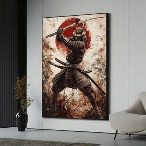 May include: A painting depicting a samurai warrior in full armour, wielding a katana sword. The warrior stands before a red sun, with a forest backdrop.