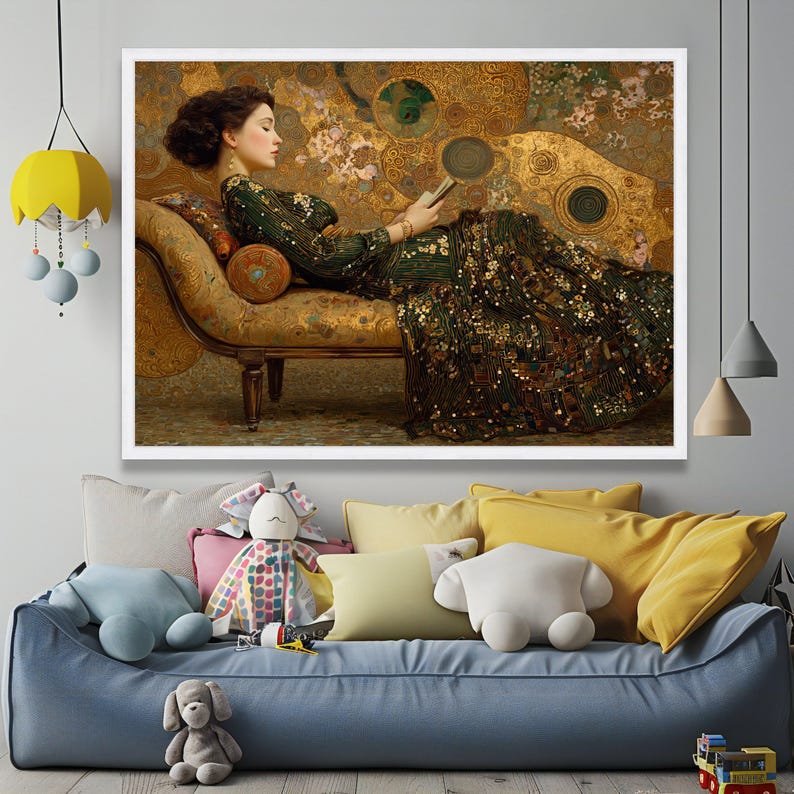 Gustav Klimt Woman Reading Canvas, Elegant Art Nouveau Wall Art, Gold ...