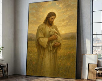 Jésus tenant un agneau dans une lumière dorée - Toile religieuse douce et réconfortante pour une décoration murale paisible - Canada