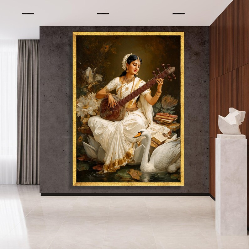 Elegant Indian Woman Playing Veena Canvas, Traditional Music Art, Cultural Wall Decor, Vintage Ethnic Home Decoration, Artistic Portrait image 3
