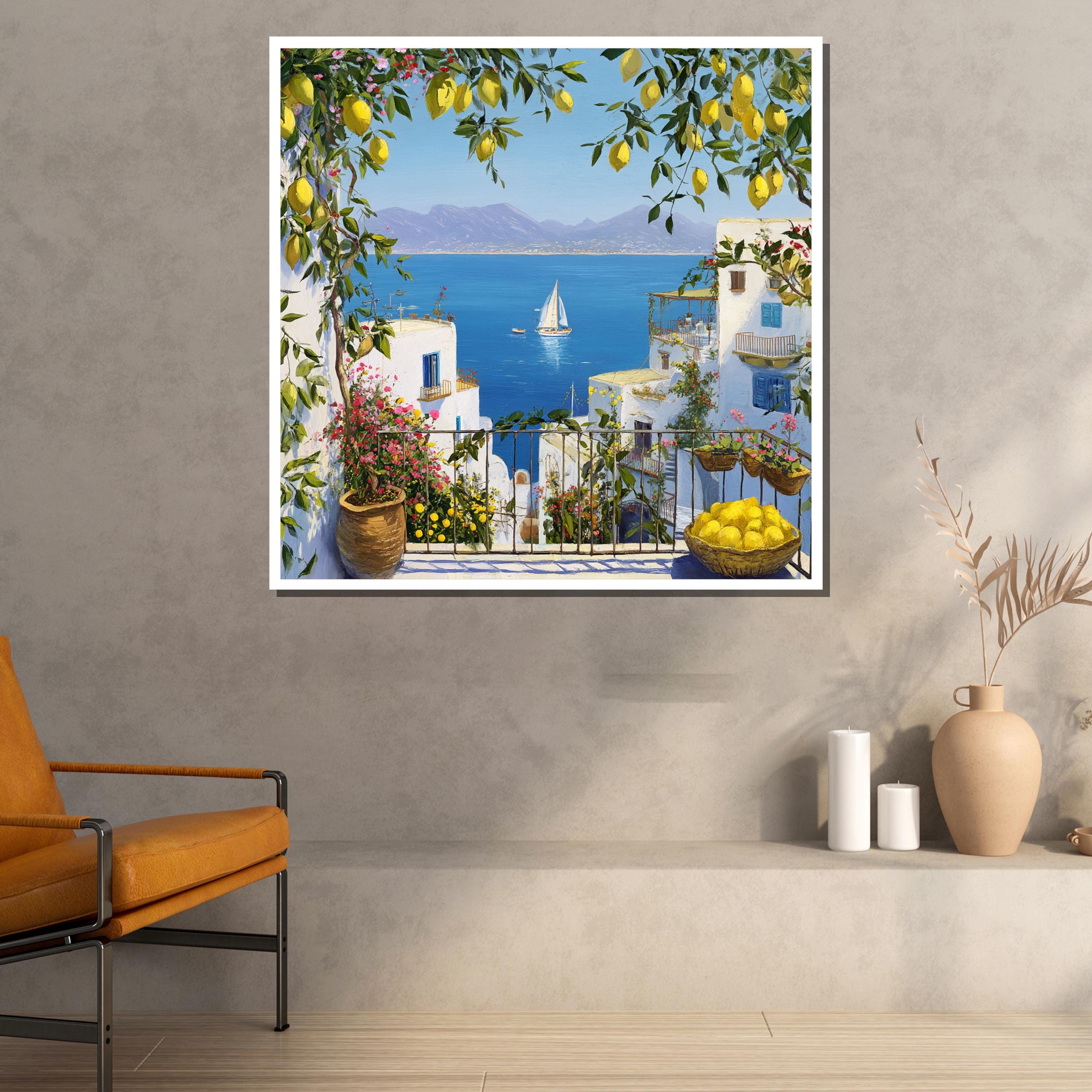 Mediterranean Lemon Balcony Canvas Painting - Ready to Hang