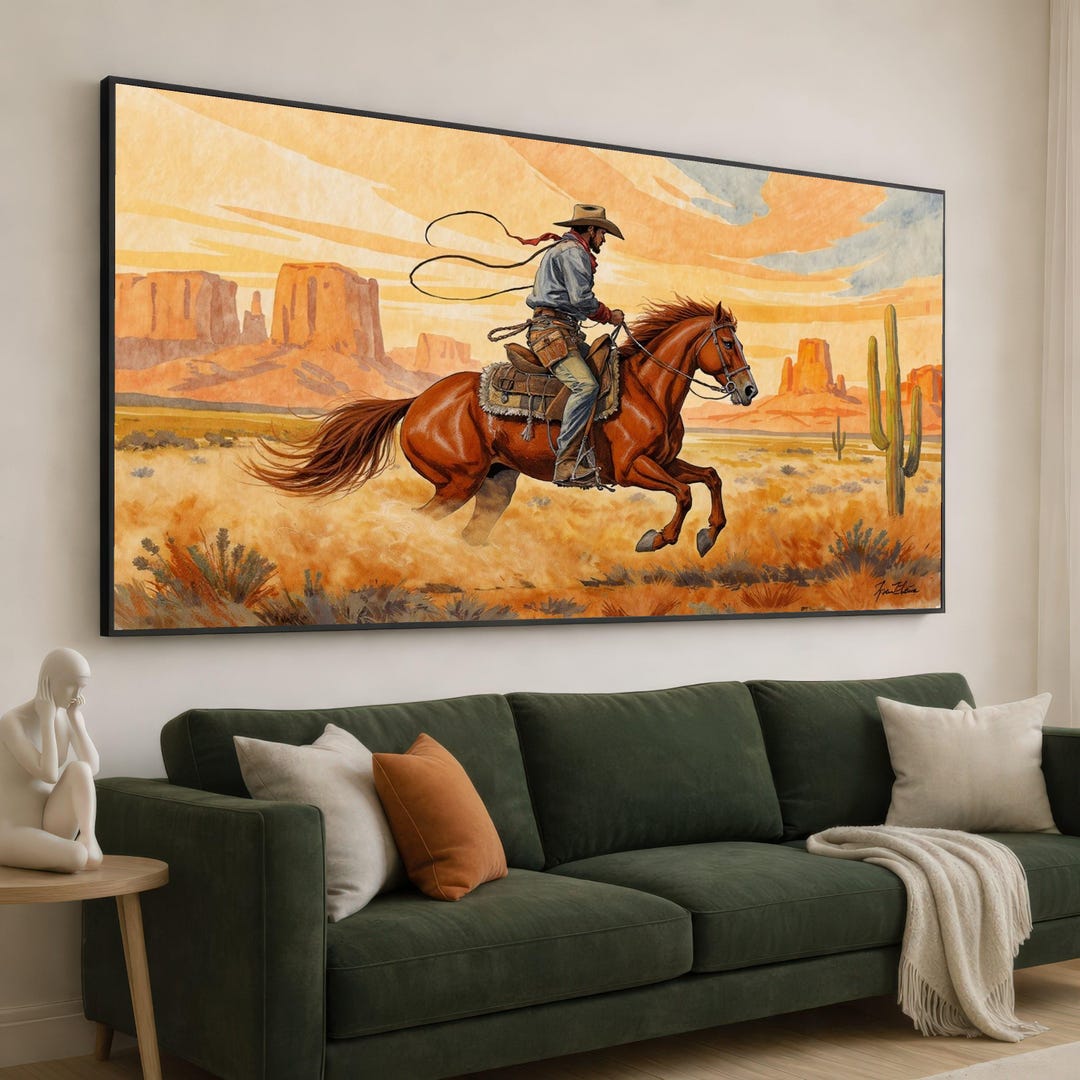 Cowboy Riding Horse Canvas Wall Art, Western Desert Scene, Wild West ...
