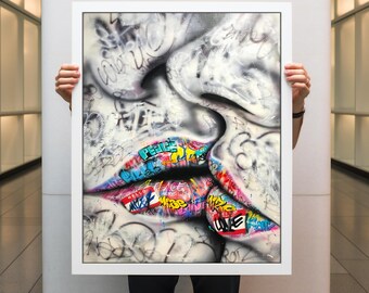Colorful Graffiti Lips Canvas Painting - Urban Street Art Style