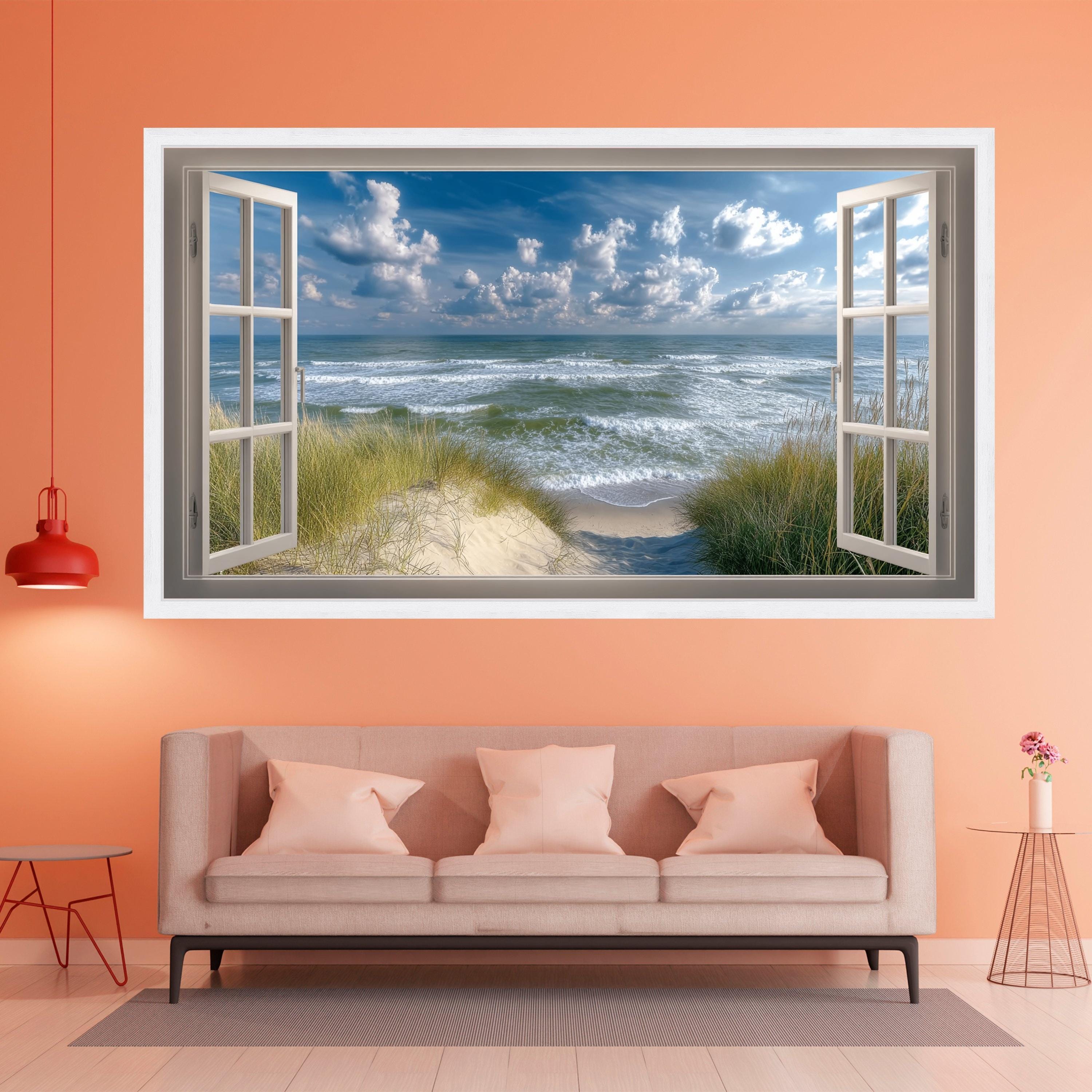 Ocean View Through Open Window Canvas, Coastal Beach Scene Wall Art ...