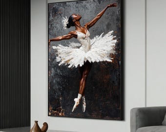 May include: A painting of a Black ballerina in a white tutu, with a dark background and a textured brushstroke style.