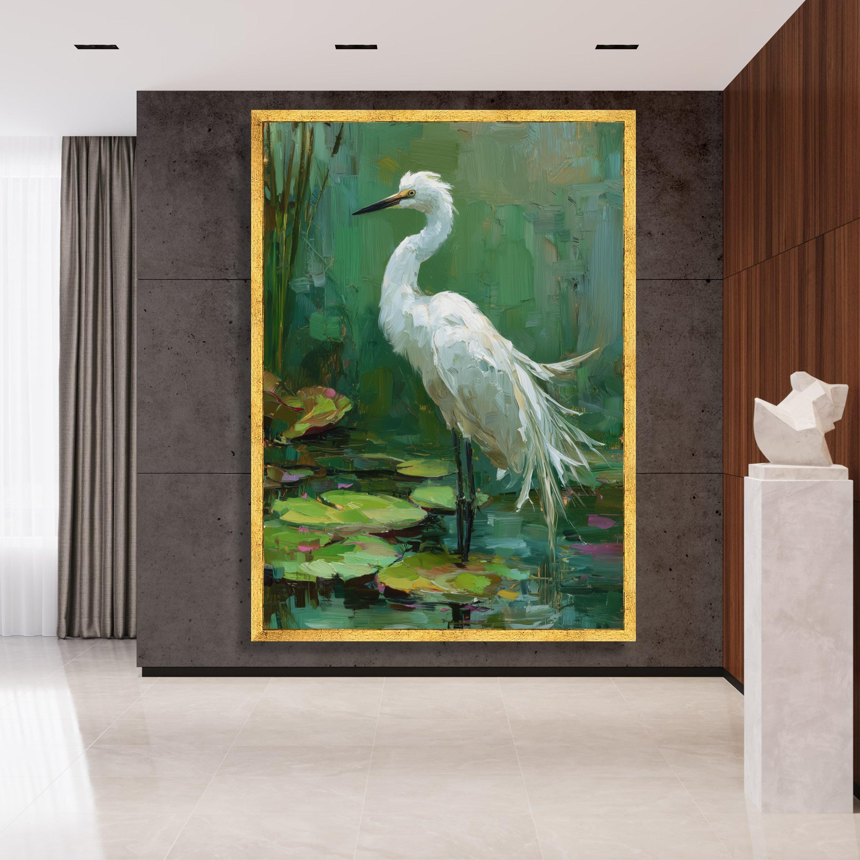 Elegant White Egret Painting, Nature Wildlife Canvas, Pond Scene Wall ...