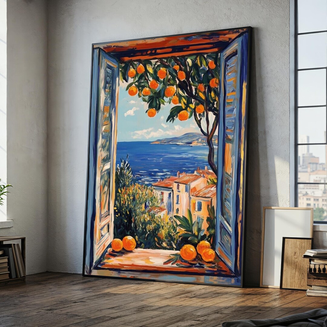 Mediterranean View Canvas Painting – Vibrant Coastal Window Art for ...