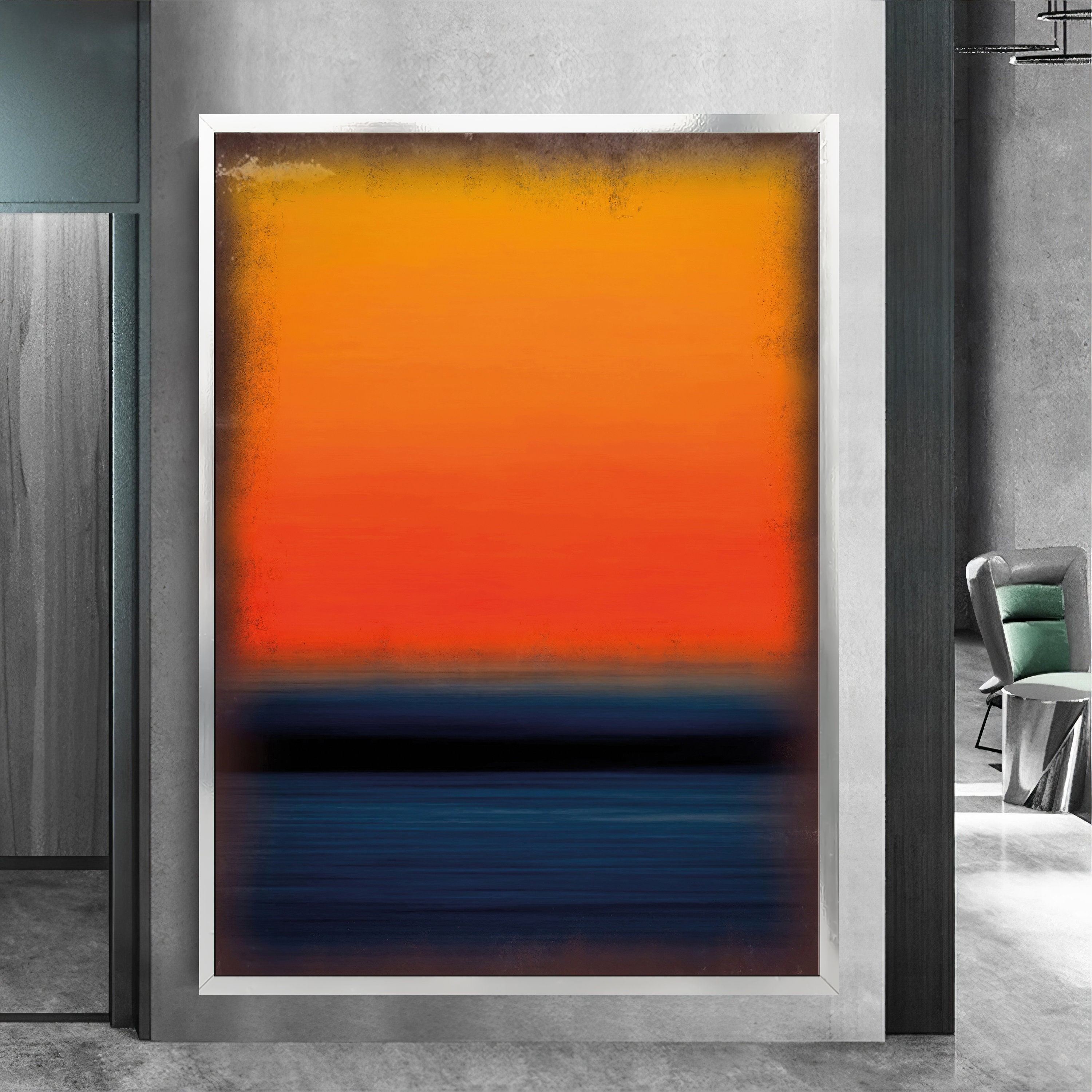 Mark Rothko Blue Orange Framed Canvas Painting, Abstract Wall Art